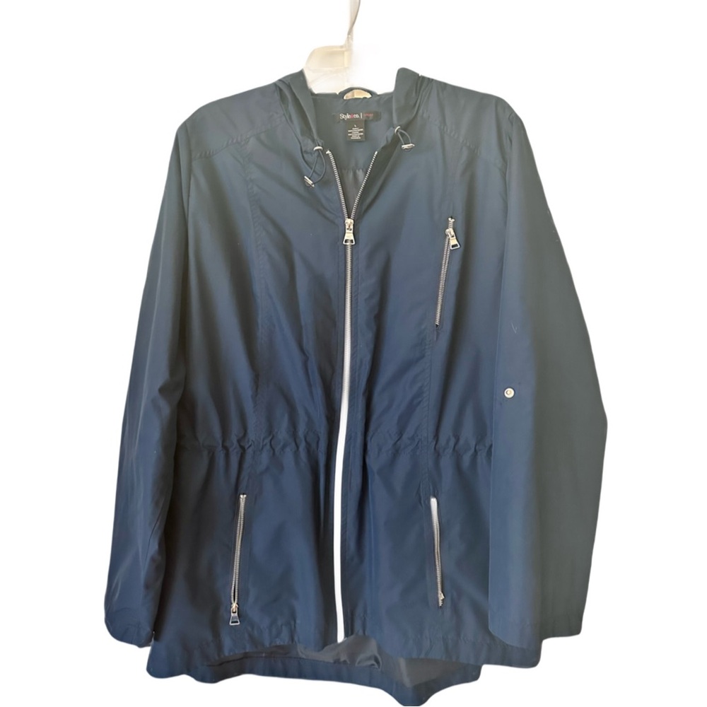Style & Co. Blue Lightweight Rain Jacket w/ Hood & Zip Pockets Water-Resistant